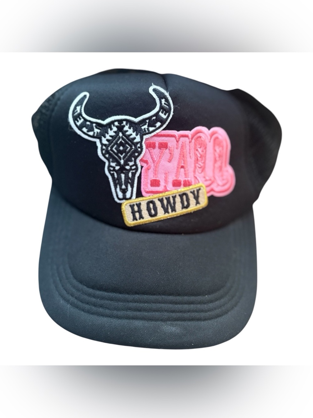 Western Y’all Howdy Bull Skull Trucker Hat Black Mesh Snapback Cowgirl Rodeo